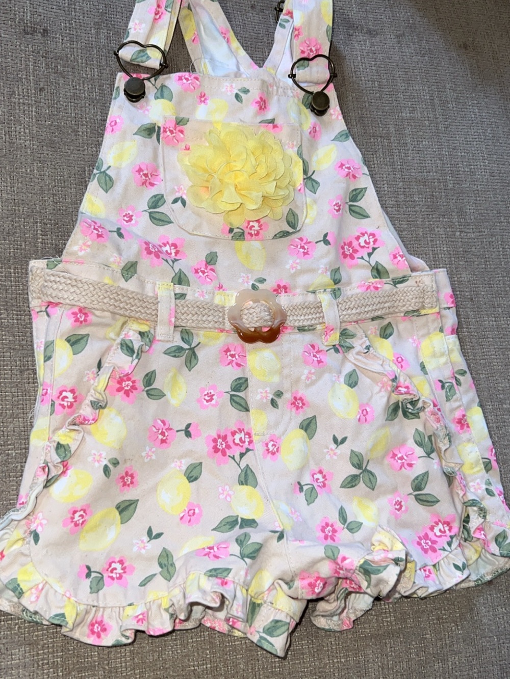 Unbranded Girls Floral Lemon Print Pink & Yellow Suspender Overalls